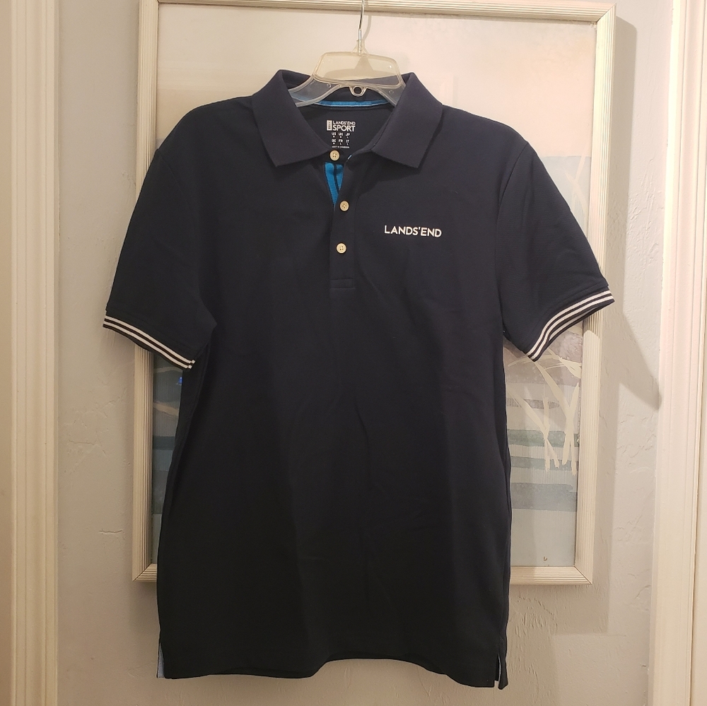 Lands End Polo Shirt Mens Size Medium Navy Blue Short Sleeve Cotton Logo Back
